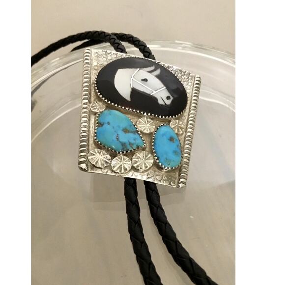 Vintage Isabel Simplicio Zuni Sterling Turquoise MOP Horse Inlay Bolo Tie - Picture 1 of 6